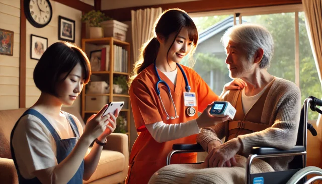 DALL·E 2025-01-14 15.11.03 – A highly realistic and detailed 8K image of a home visit scene where a nurse, wearing an orange scrub top, is attentively providing care to a person w