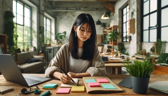 DALL·E 2025-01-14 14.45.43 – A highly realistic and detailed 8K image of a young Japanese woman in her 20s working as a content director, brainstorming ideas in a cozy, modern wor