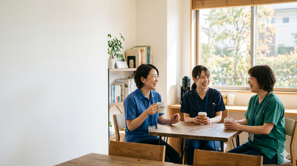 介護スタッフが休憩室でコーヒーを手に笑顔で会話しているシーン